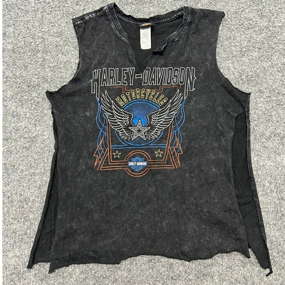 Harley-Davidson Tank Top Womens Size L Black Acid Wash Graphic Raw Hem Biker
